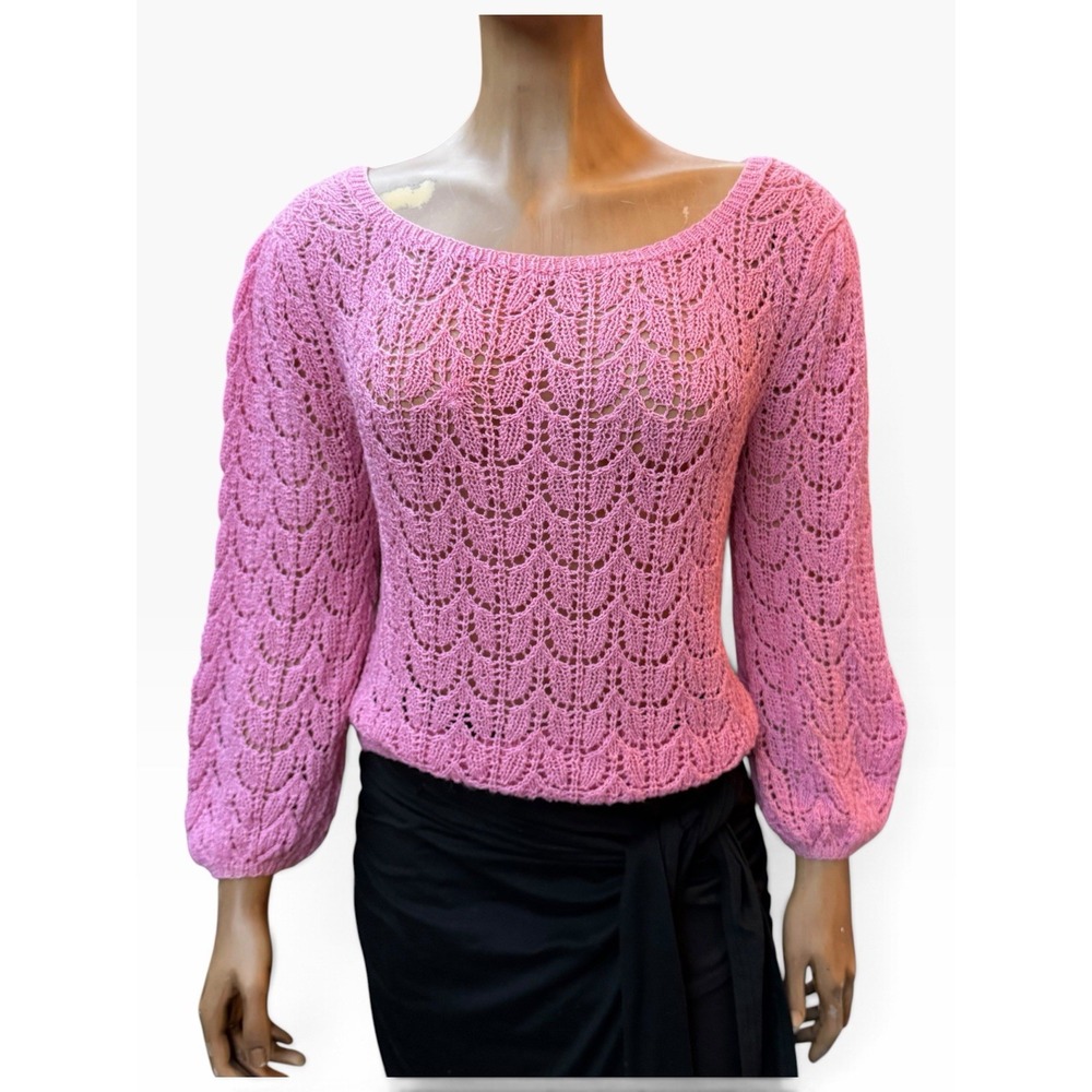 Handmade Sweater Open Knit Puff Sleeve Pink Vintage Coquette Boho Balletcore S/M